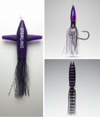 Detalle del cebo de captura final para curricán de superficie Sterling Diamante Púrpura.