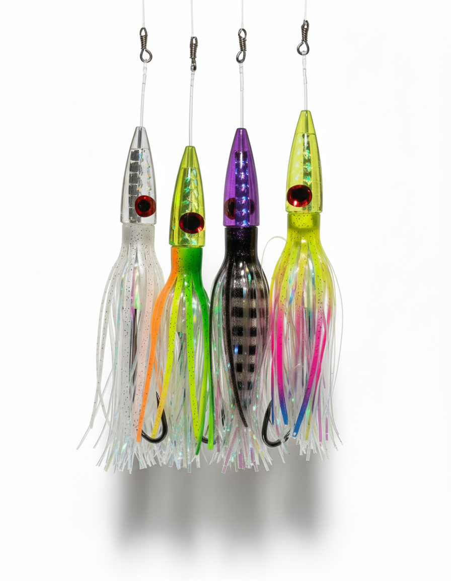 Colección de los mejores señuelos de pesca profesionales Sterling Diamante en colores Púrpura, Verde, Arcoíris y Blanco para atún.